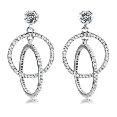 DA100 - High polished (no plating) Stainless Steel Earrings with AAA Grade CZ in Clear
